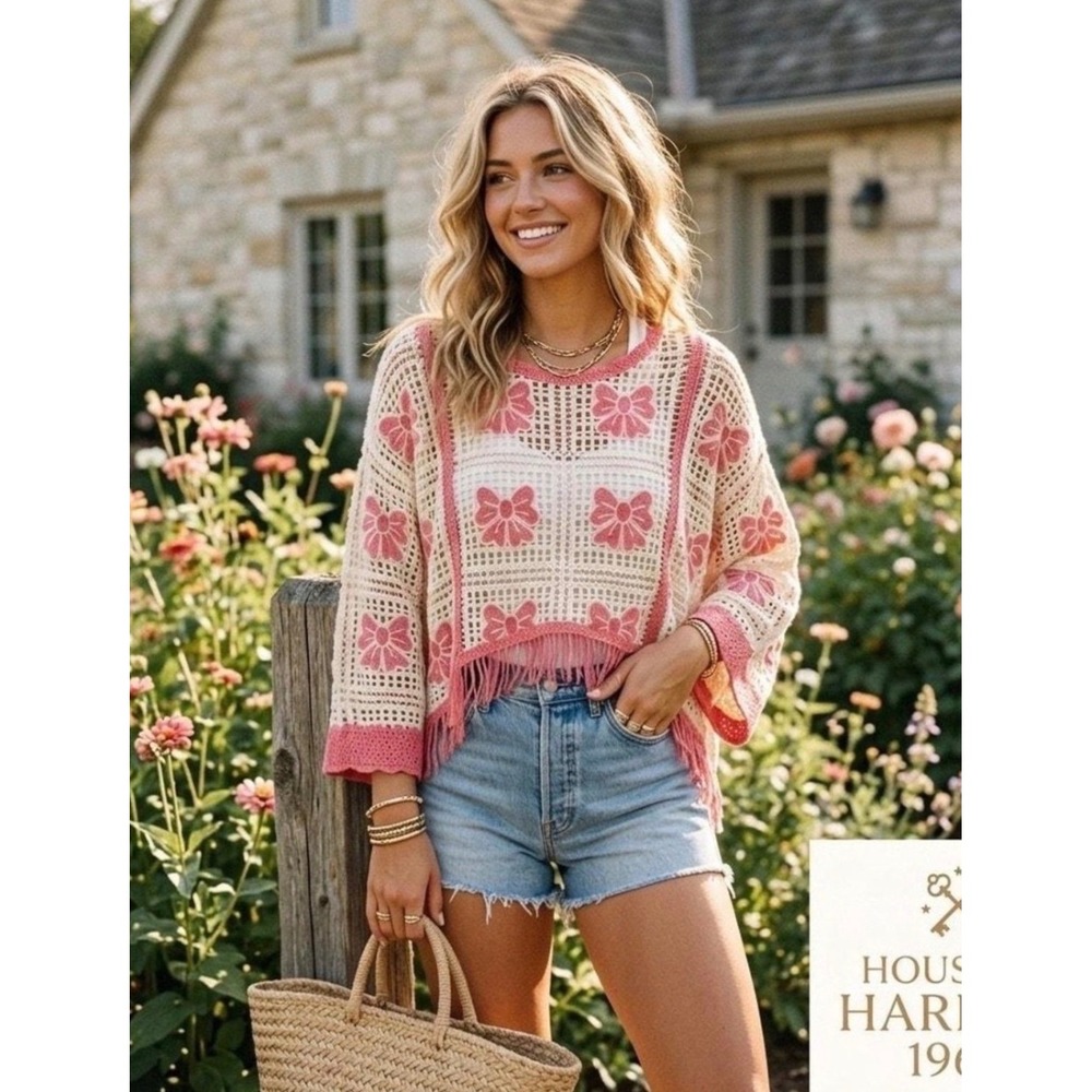 House of Harlow 1960 Crochet Poncho Women OS Pink Cream Bow Fringed Boho Top